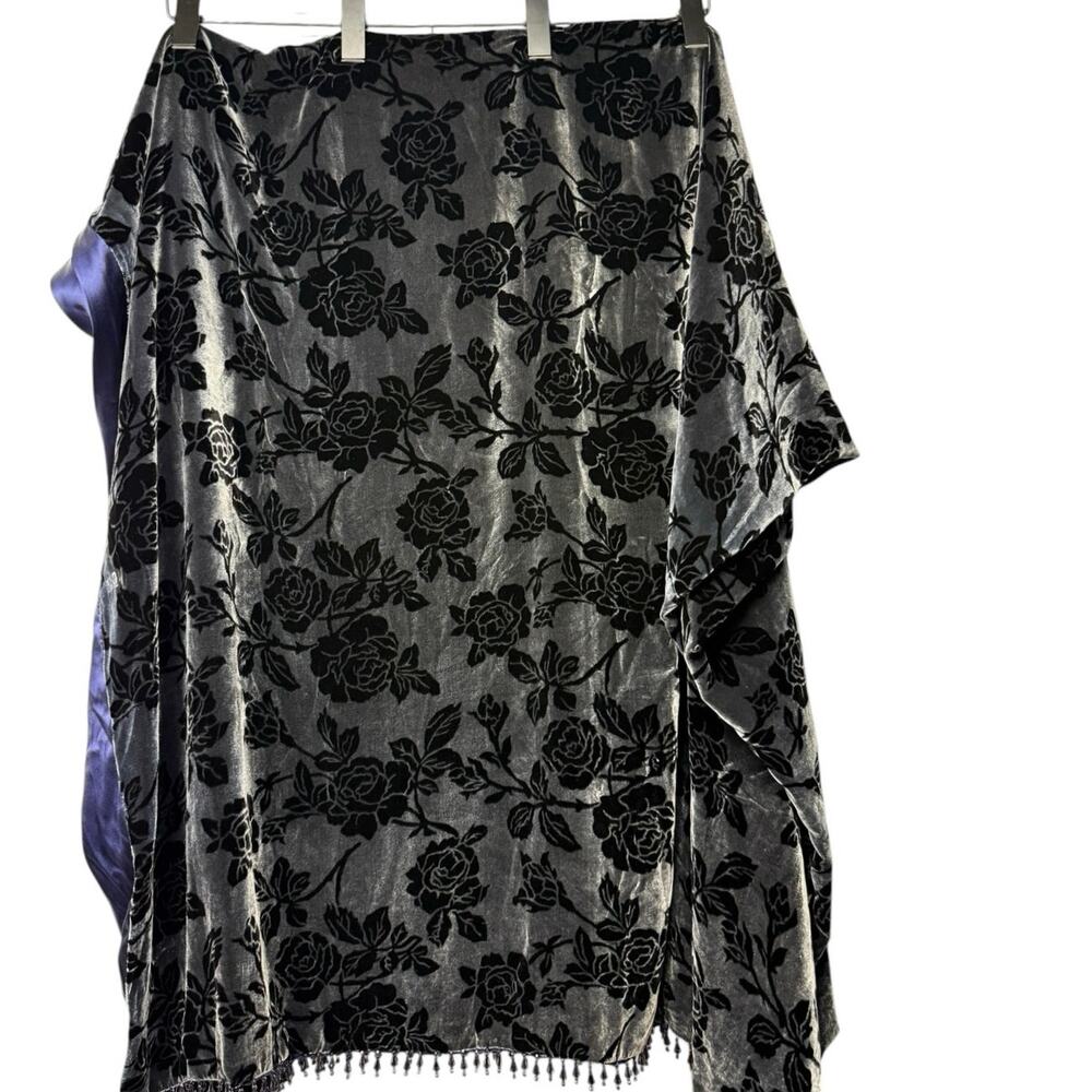 Westone Silk Velvet Burnout Floral Throw Wrap Black Gray Beaded Fringe Vintage